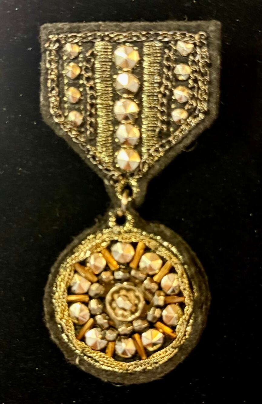 Vintage Cara NY Mixed Media Heraldic Dangle Brooch Pin Black Felt Metallic Studs